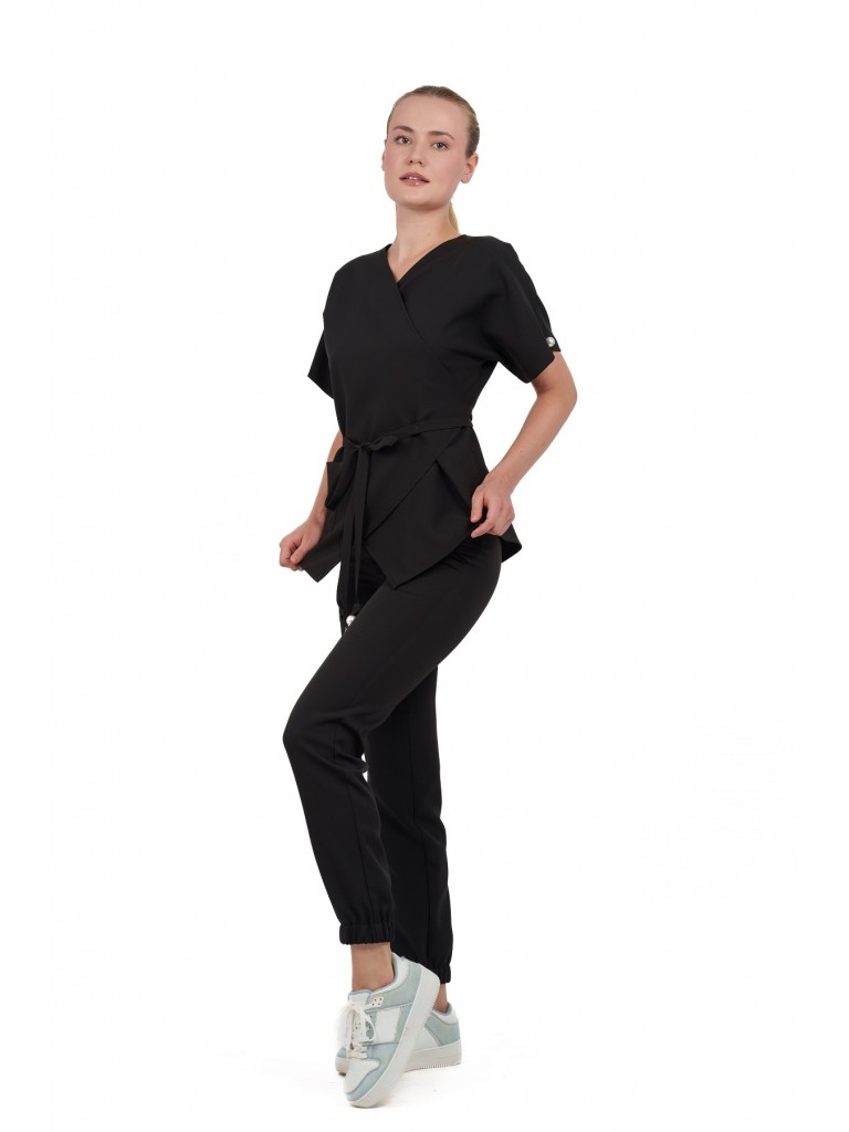 Costum medical dama, bluza petrecuta-pantaloni, negru