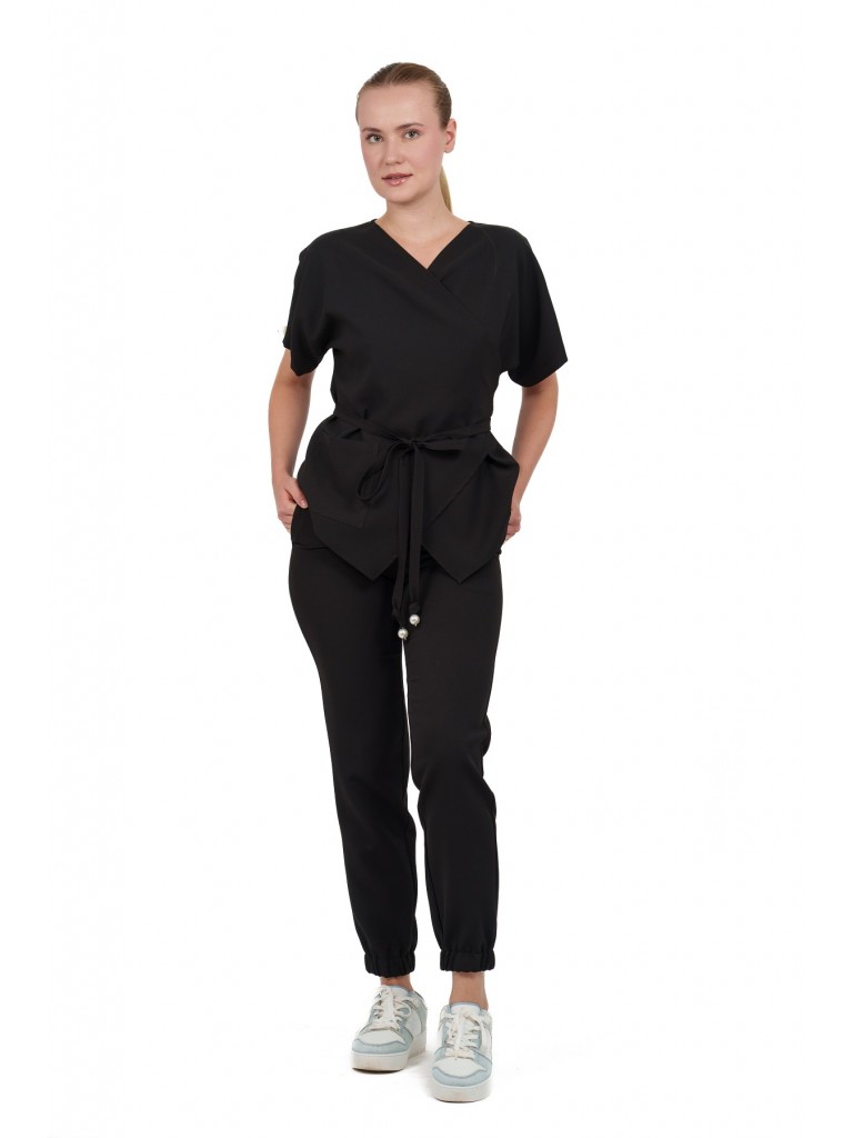 Costum medical dama, bluza petrecuta-pantaloni, negru