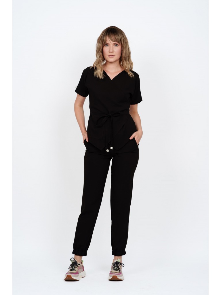 Costum medical dama, bluza petrecuta-pantaloni, negru