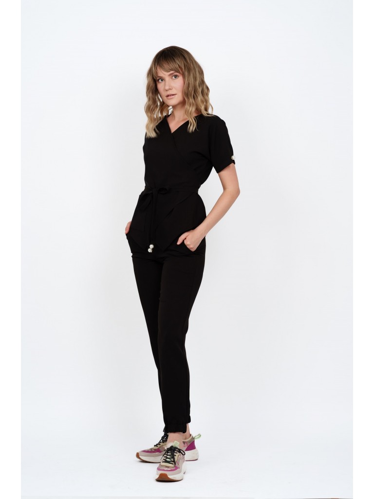 Costum medical dama, bluza petrecuta-pantaloni, negru