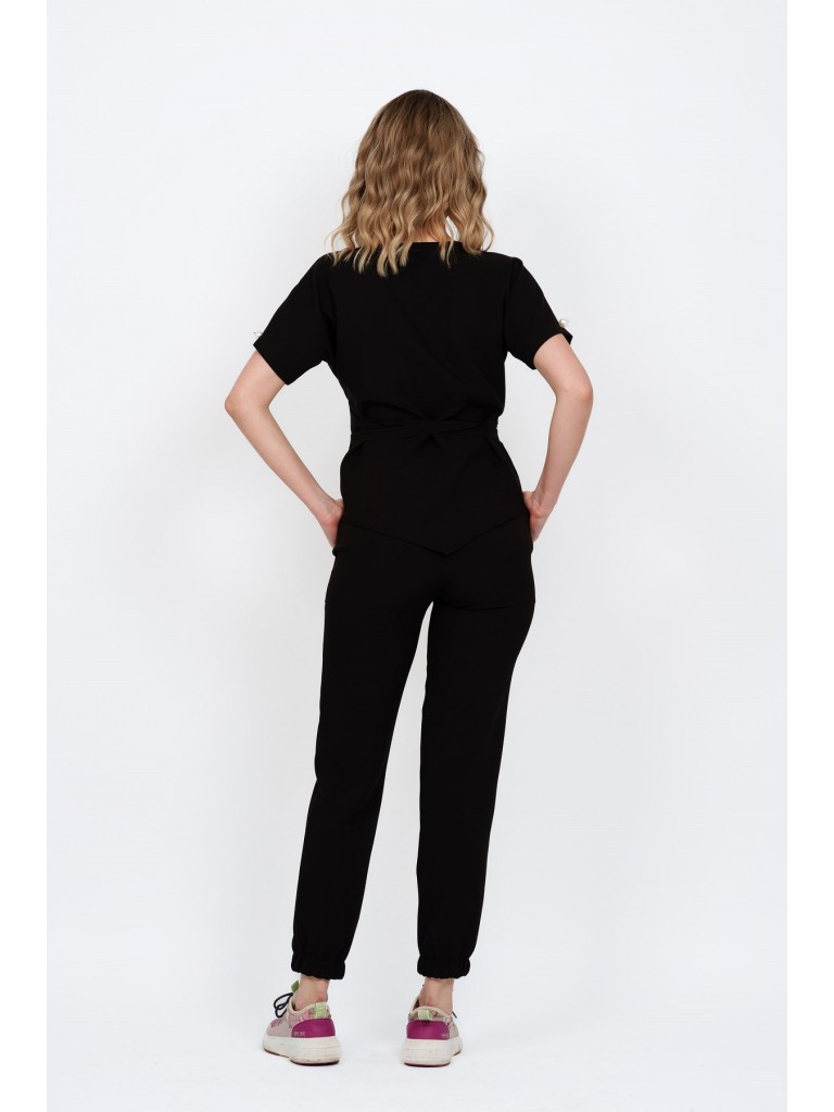 Costum medical dama, bluza petrecuta-pantaloni, negru